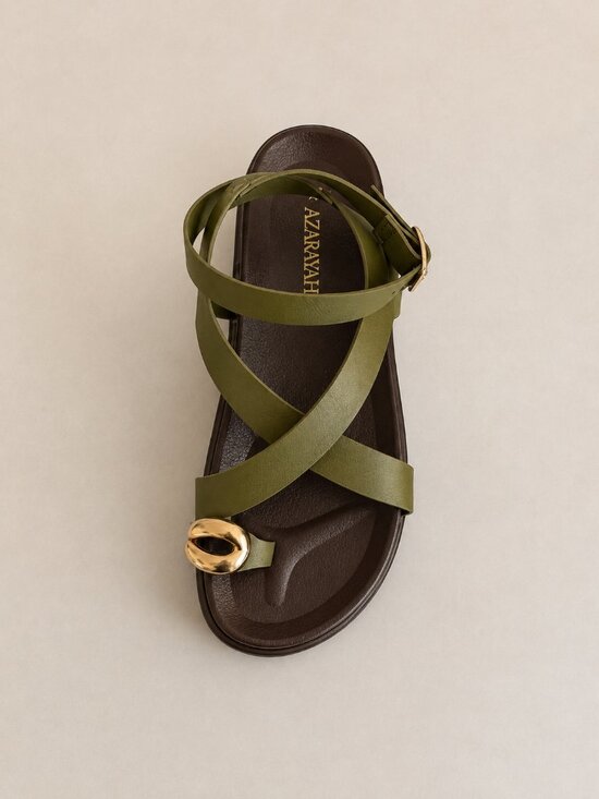 Azarayah Shoes - Elegant Olive Cross-Strap Ankle Sandals – Comfortable Toe Ring Flat Sandals